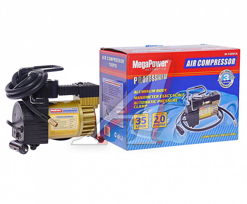 M-14001A Компрессор поршневой c фиксатором давления (150PSI, 35л/мин, 14А 12V) в сумке MEGAPOWER 1